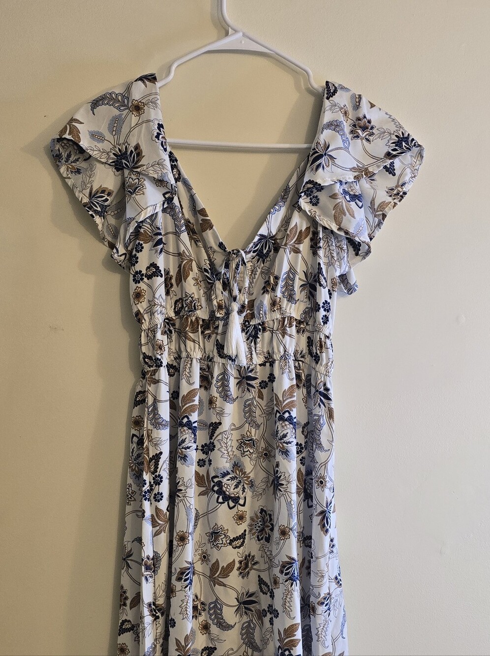 Boho Floral Maxi Dress in White, Navy & Tan